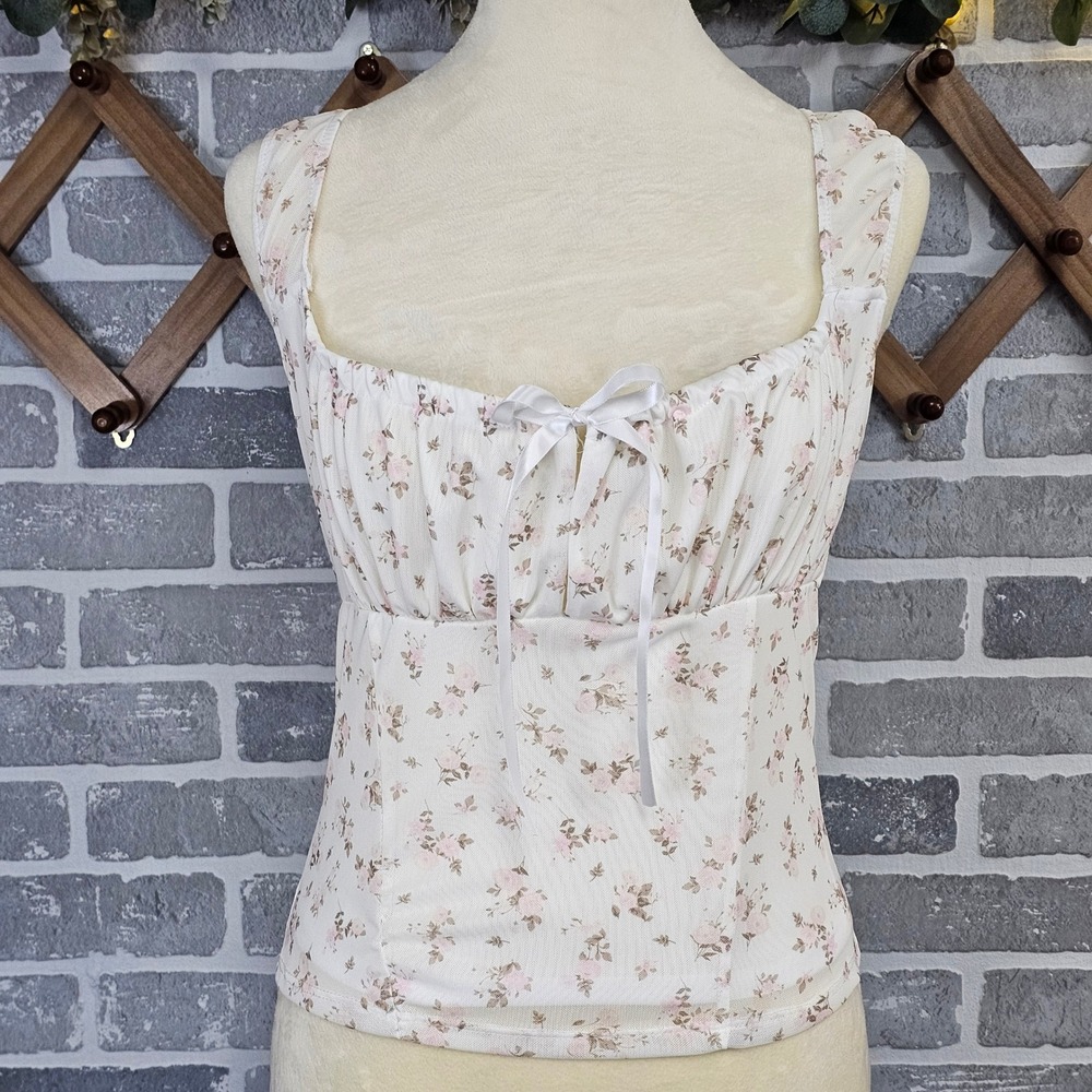 Pink Rose Floral Mesh Milkmaid Top White Pink Ribbon Bow Stretch Womens Medium‎